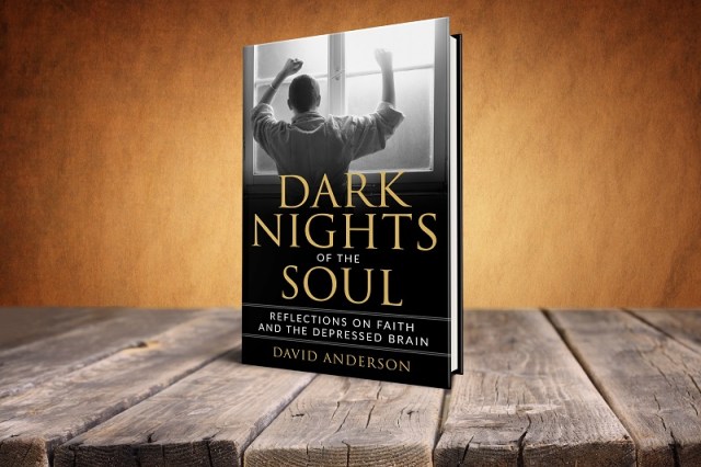 Book cover Dark Nights of the Soul on rustic table