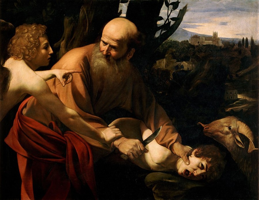 Angel stops Abraham from killing Isaac, ram shown