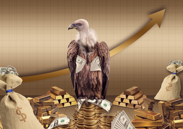 Vulture hoarding dollars and gold.