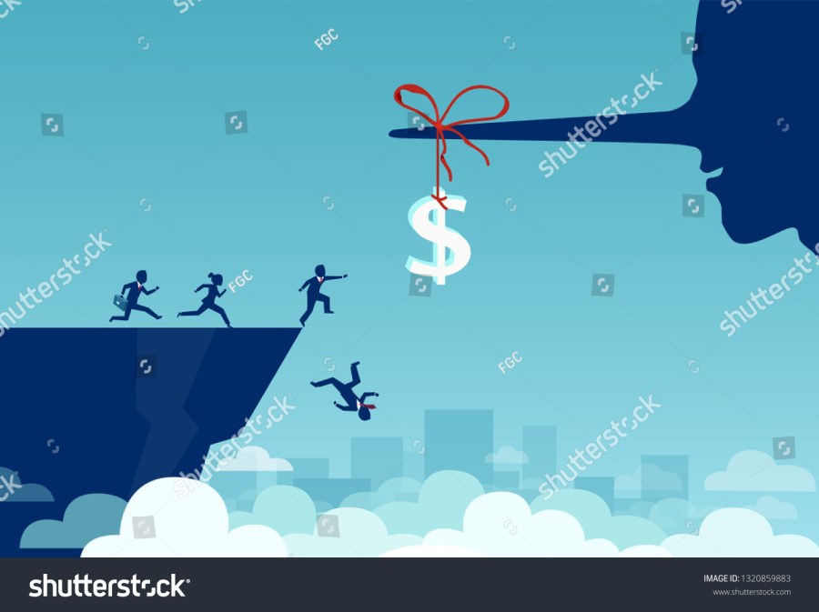 concept money trap dollar sign attached to a lying nose, a group of business people jumping off a cliff trying to grab the dollar