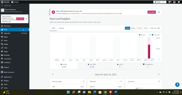 Screenshot of stats for views on this blog